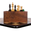 Fierce Knight Staunton set pieces (King, Queen, Rook, Knight, Bishop, Pawn) and closed storage box on a chessboard.