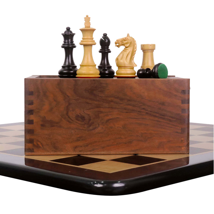 Combo of 3.5" Fierce Knight Staunton Chess Set - Pieces in Ebonised Boxwood with Chess Board & Storage Box