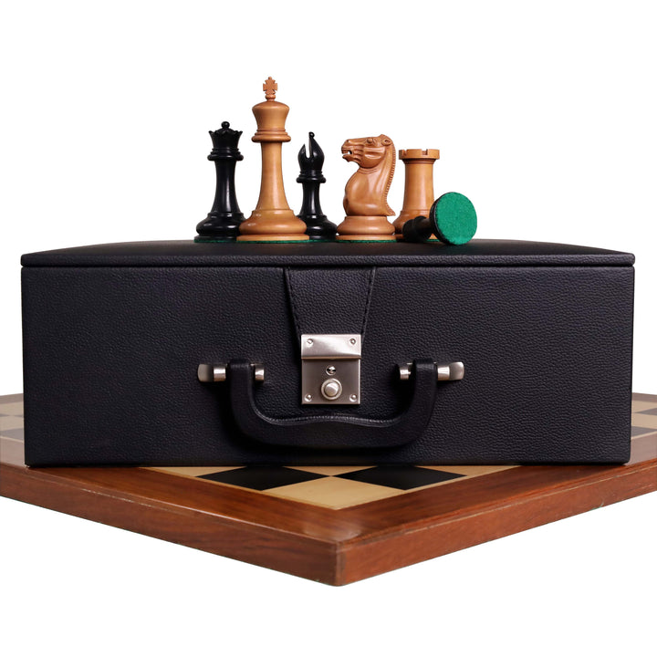 Combo of 1849 Cooke Type Staunton Chess Set - Pieces in Ebony Wood & Antiqued Boxwood with Board and Box