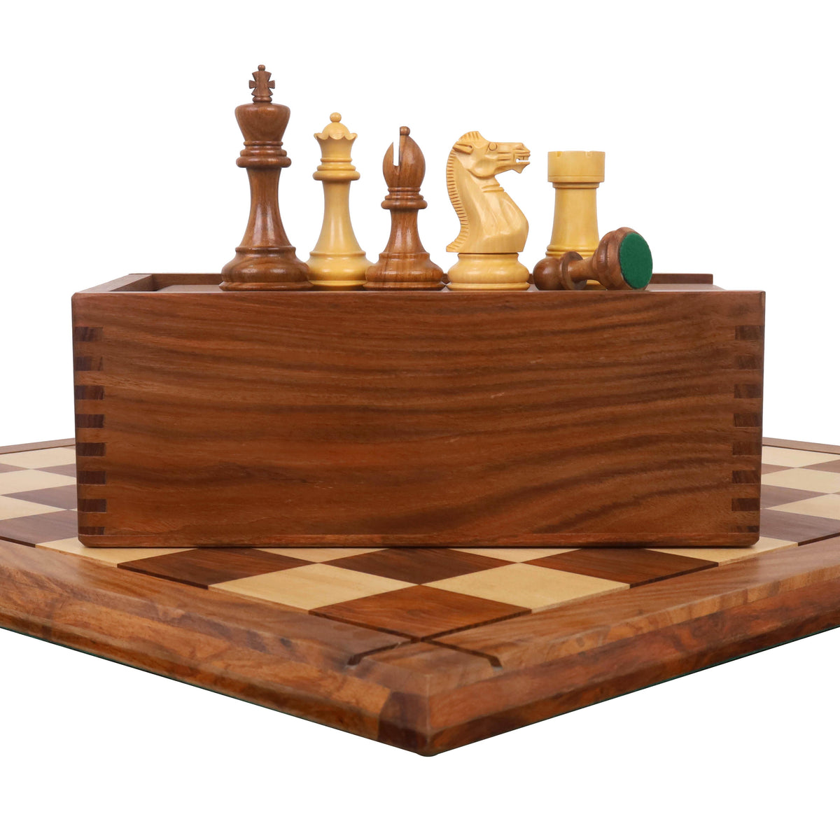 Golden Rosewood Pro Staunton chess pieces displayed with matching 21-inch board and storage box.