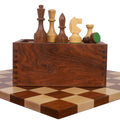 3.8" Bundesform German Staunton pieces displayed on their wooden storage box and board.