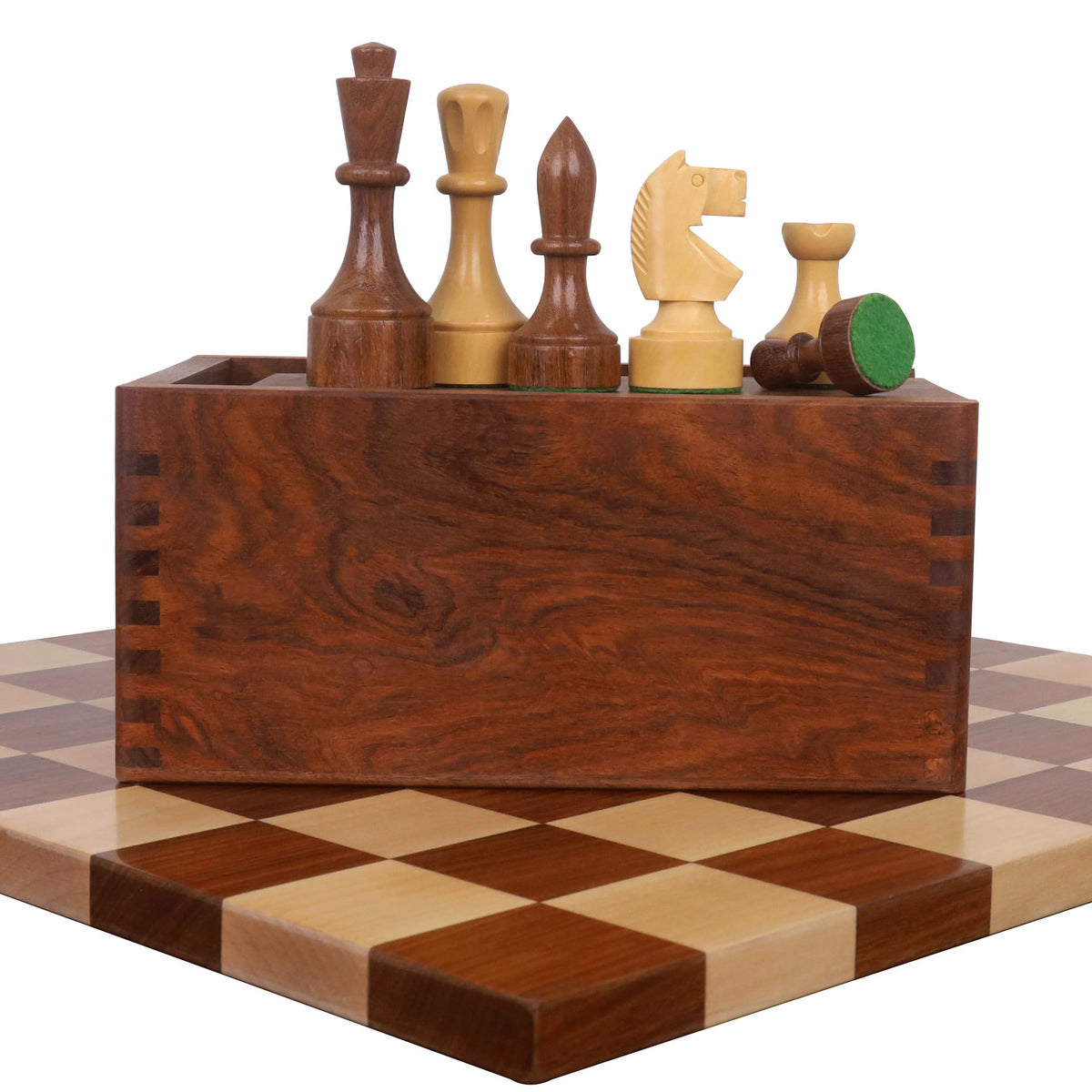 3.8" Bundesform German Staunton pieces displayed on their wooden storage box and board.