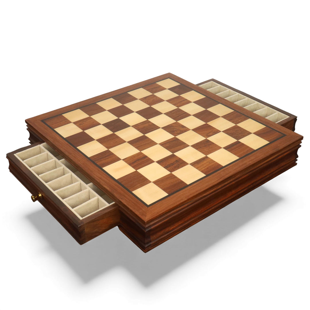 20-inch Luxury Golden Rosewood Chess Board with Velvet Storage Drawers