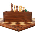 A complete 4" Leningrad Staunton chess combo with golden rosewood pieces, board, and storage box on a white background.