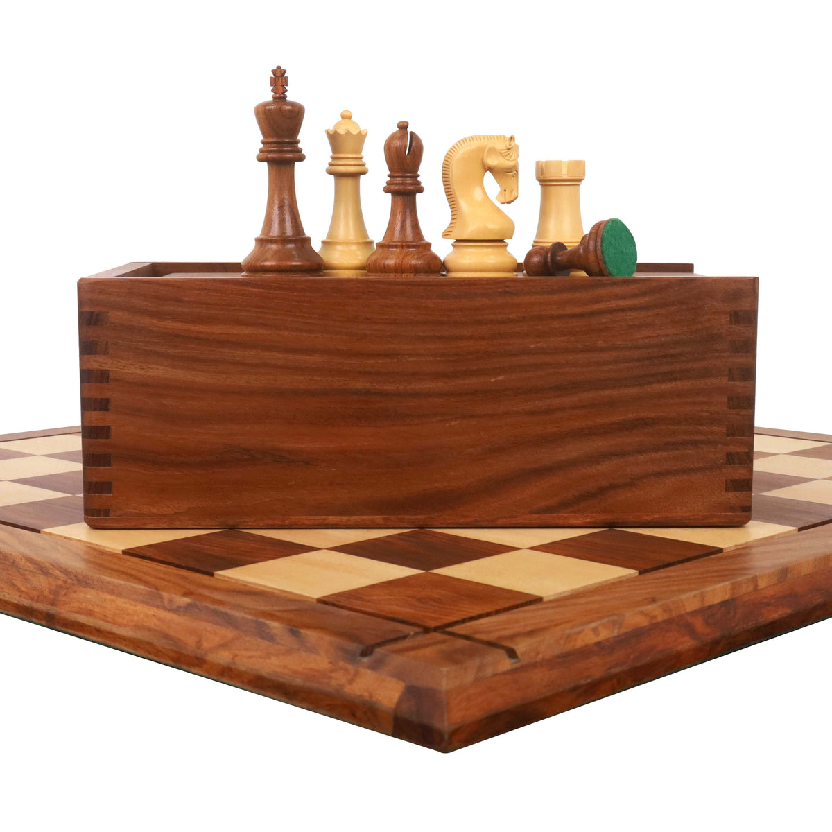 A complete 4" Leningrad Staunton chess combo with golden rosewood pieces, board, and storage box on a white background.