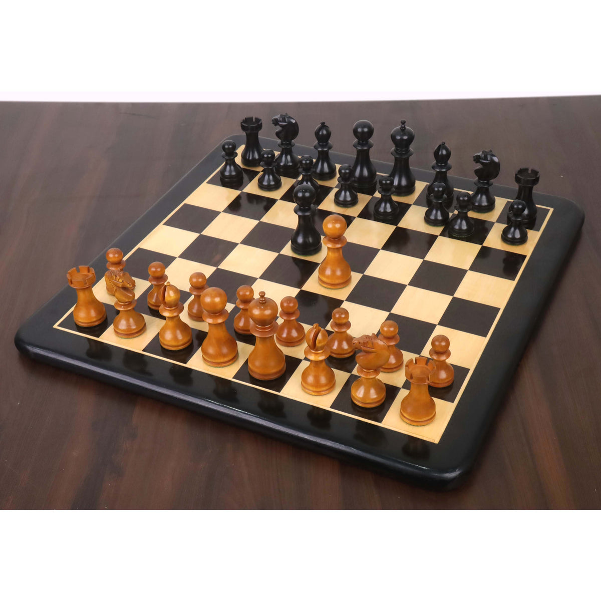 Full English Dublin chess set on a premium wooden board in starting position.