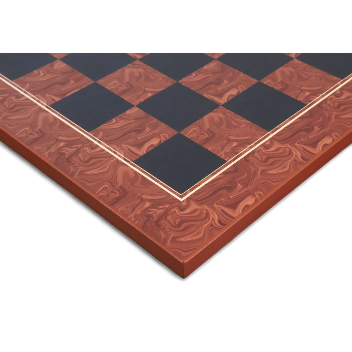 Close-up corner view of a 22-inch Brown Ash Burl and Burl Ebony printed chess board showing the gloss finish and intricate wood grain pattern.