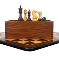 A 4.1" Pro Staunton rosewood chess set is displayed on its 21" board with the matching storage box.
