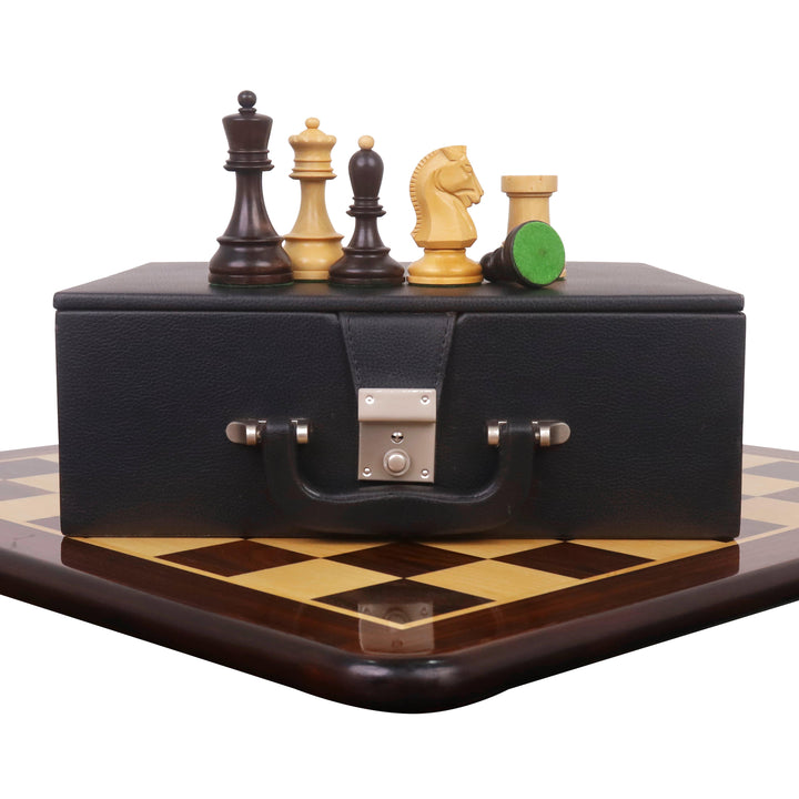 Combo of 1950s' Fischer Dubrovnik Chess Set - Pieces in Mahogany Stained & Boxwood with 21" Chess Board and Leatherette Coffer Storage Box