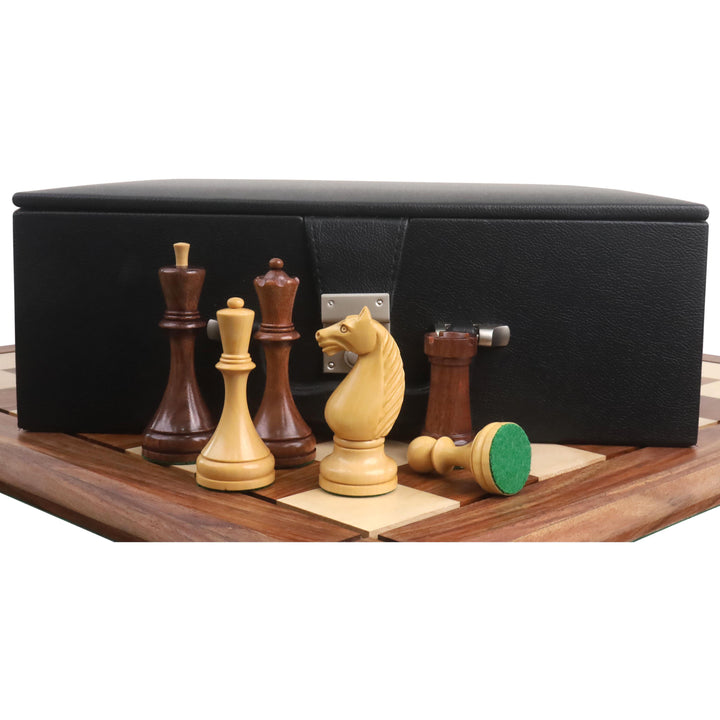 Combo of 1935 Botvinnik Flohr-II Soviet Chess Set - Pieces in Golden Rosewood with Board and Box