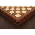 Close-up of the premium golden rosewood and maple chess board square texture and finish.