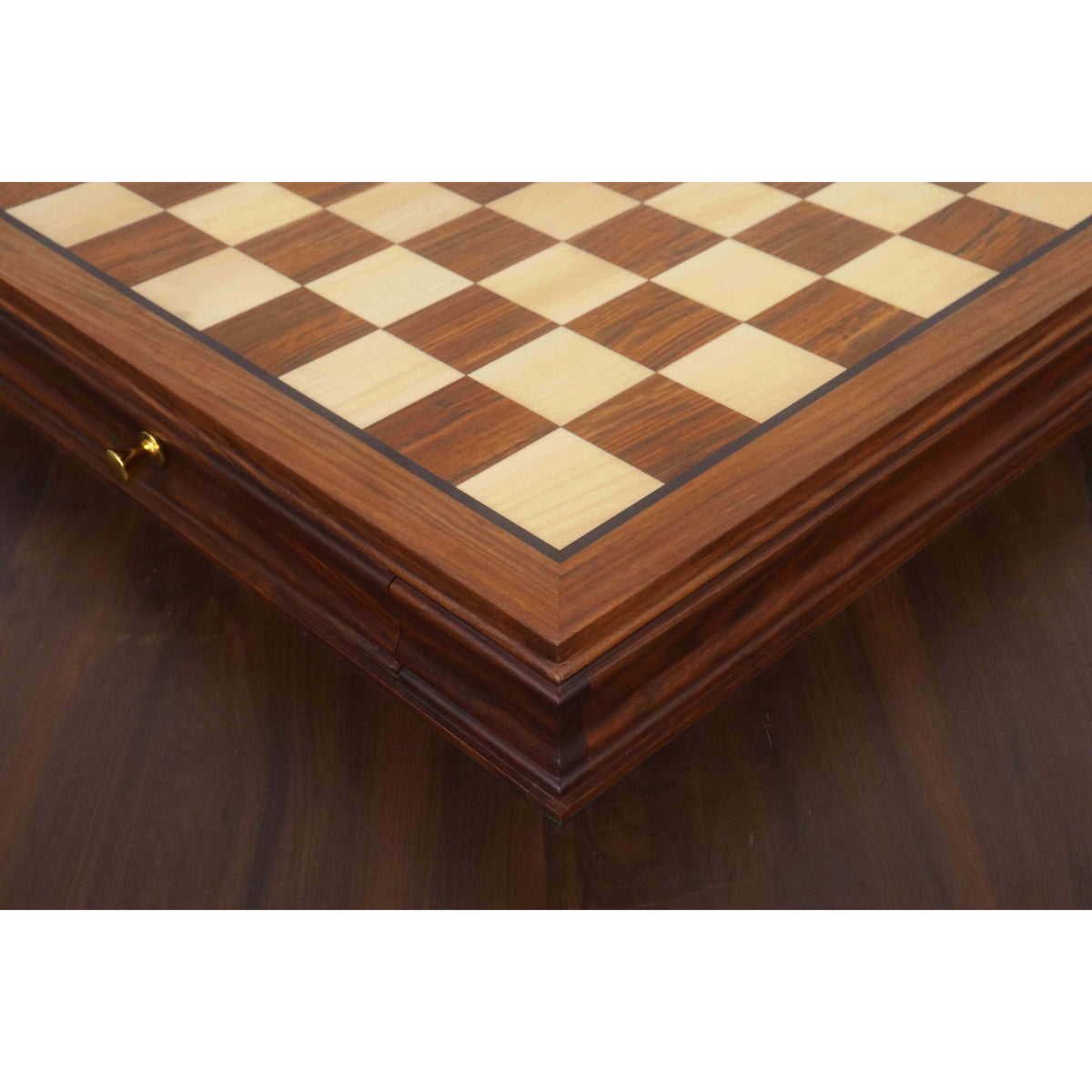 Close-up of the premium golden rosewood and maple chess board square texture and finish.