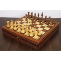 Complete 20-inch luxury golden rosewood chess set with Staunton pieces and internal storage.