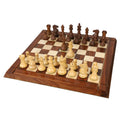 Full 3-inch Staunton chess set in Golden Rosewood and Boxwood set up for play on a matching wooden board.