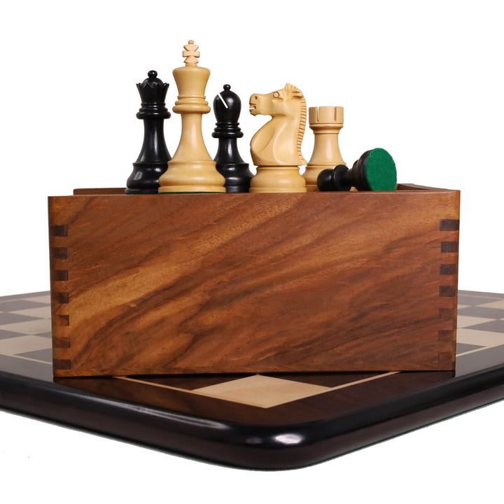 Combo of 1972 Championship Fischer Spassky Chess Set - Pieces in Ebonised Boxwood with Ebony Chess Board & Storage Box