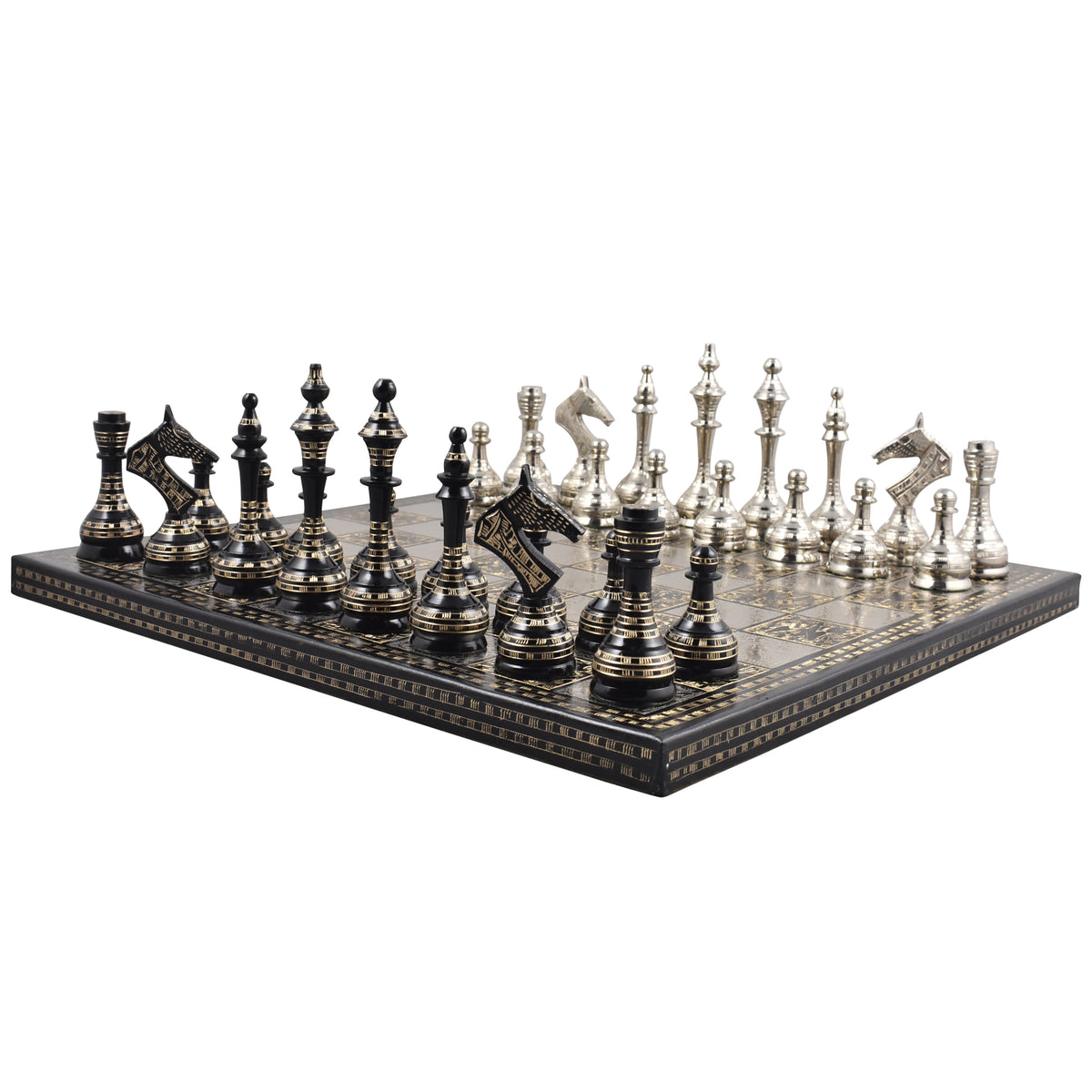 Complete 14-inch Soviet-inspired brass metal luxury chess set from an angle.