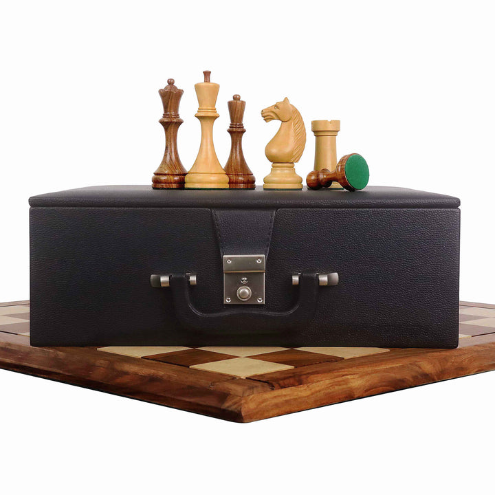 Combo of 1935 Botvinnik Flohr-II Soviet Chess Set - Pieces in Golden Rosewood with Board and Box