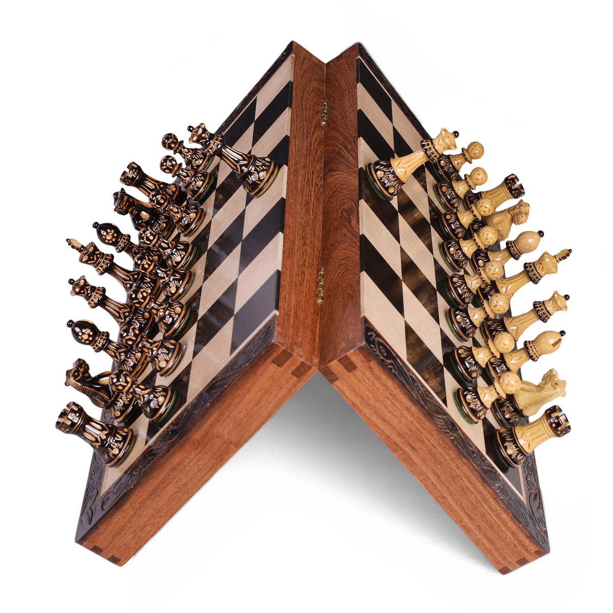 16" Laurel Series Burnt Carving Lacquered Staunton Chess Set – Magnetic Ebony & Maple Wooden Folding Board