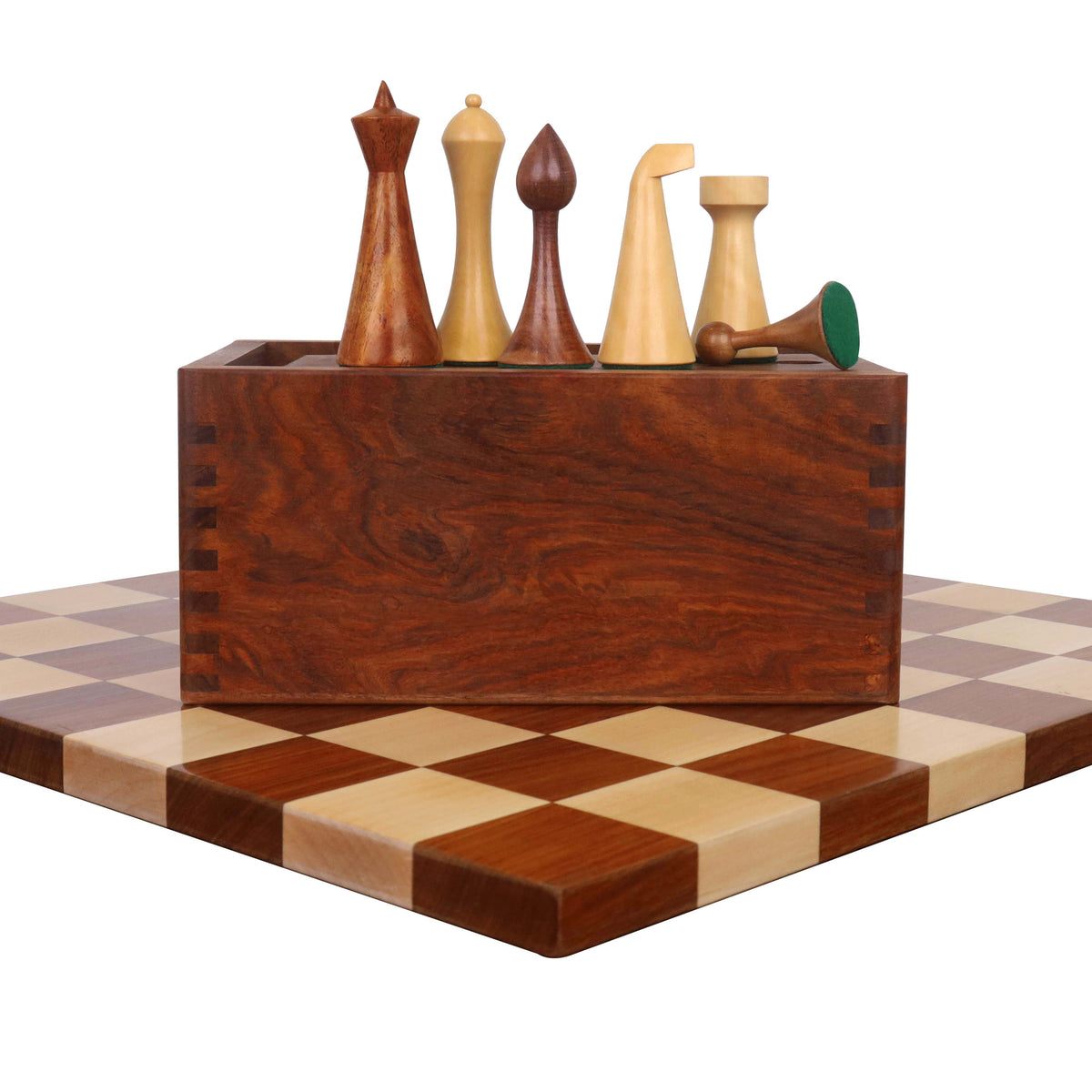 Wooden Herman Ohme minimalist chess set with storage box and board.