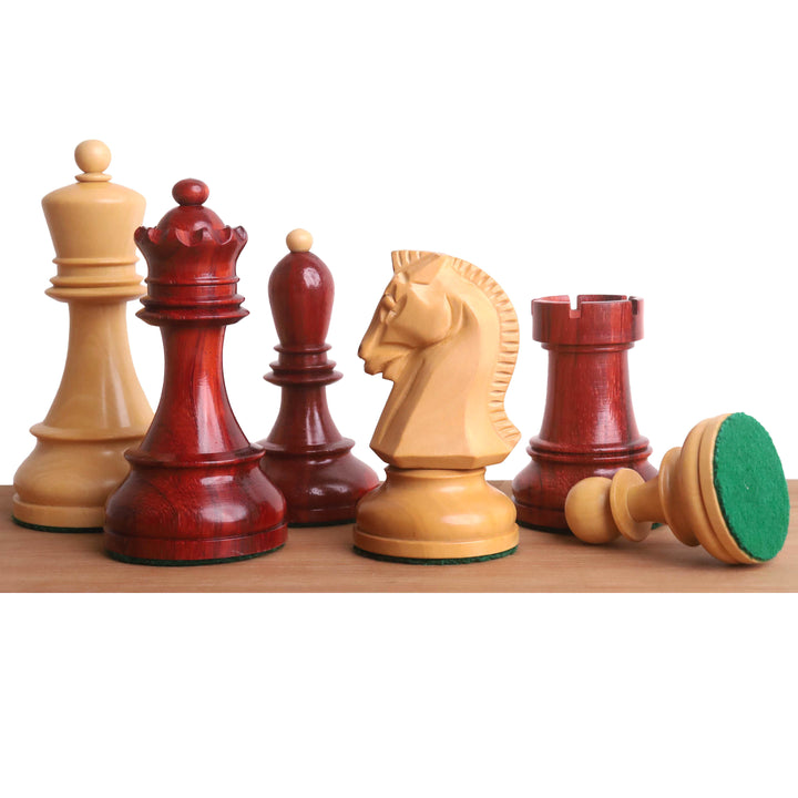 Close-up of hand-carved Bud Rosewood and Boxwood Dubrovnik chess pieces.