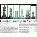 A vintage advertisement displaying the 3.6-inch Craftsman Staunton pattern chess pieces.