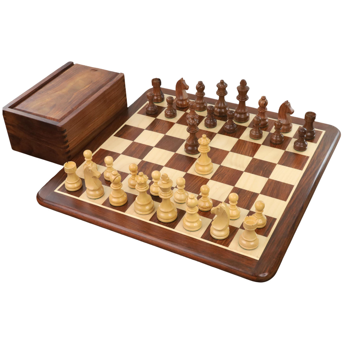 Tournament wooden chess set combo featuring a 19-inch inlaid board, pieces, and storage box.