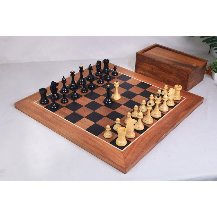 Combo of 1920's German Chess Set - Ebonised Boxwood Pieces, 22.5" Ebony & Acacia Board With Storage Box