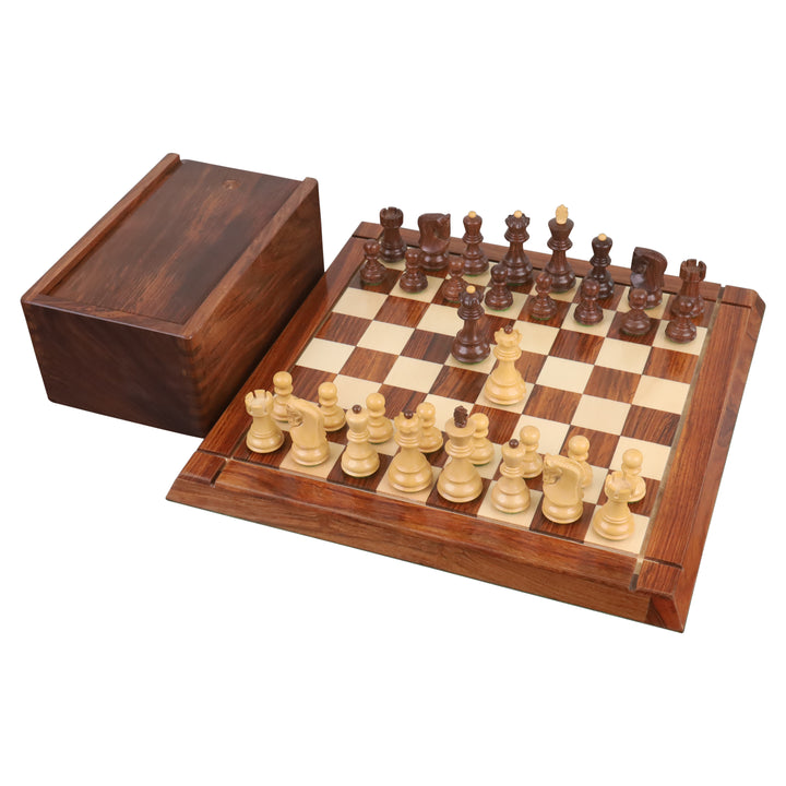 Combo di set di scacchi russi Zagabria da 3,1 pollici - Pezzi in palissandro dorato con tavola e scatola