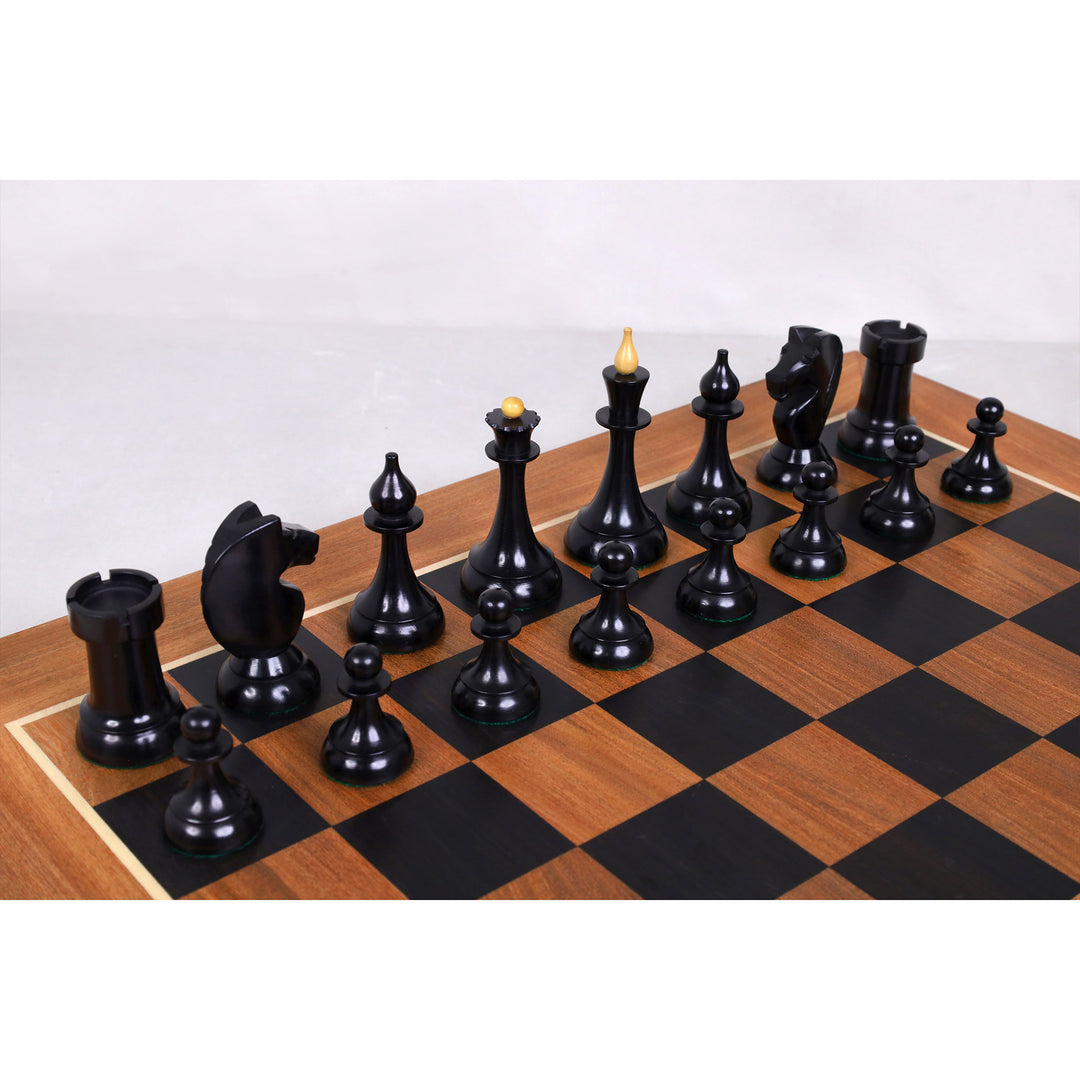 Combo of 1920's German Chess Set - Ebonised Boxwood Pieces, 22.5" Ebony & Acacia Board With Storage Box