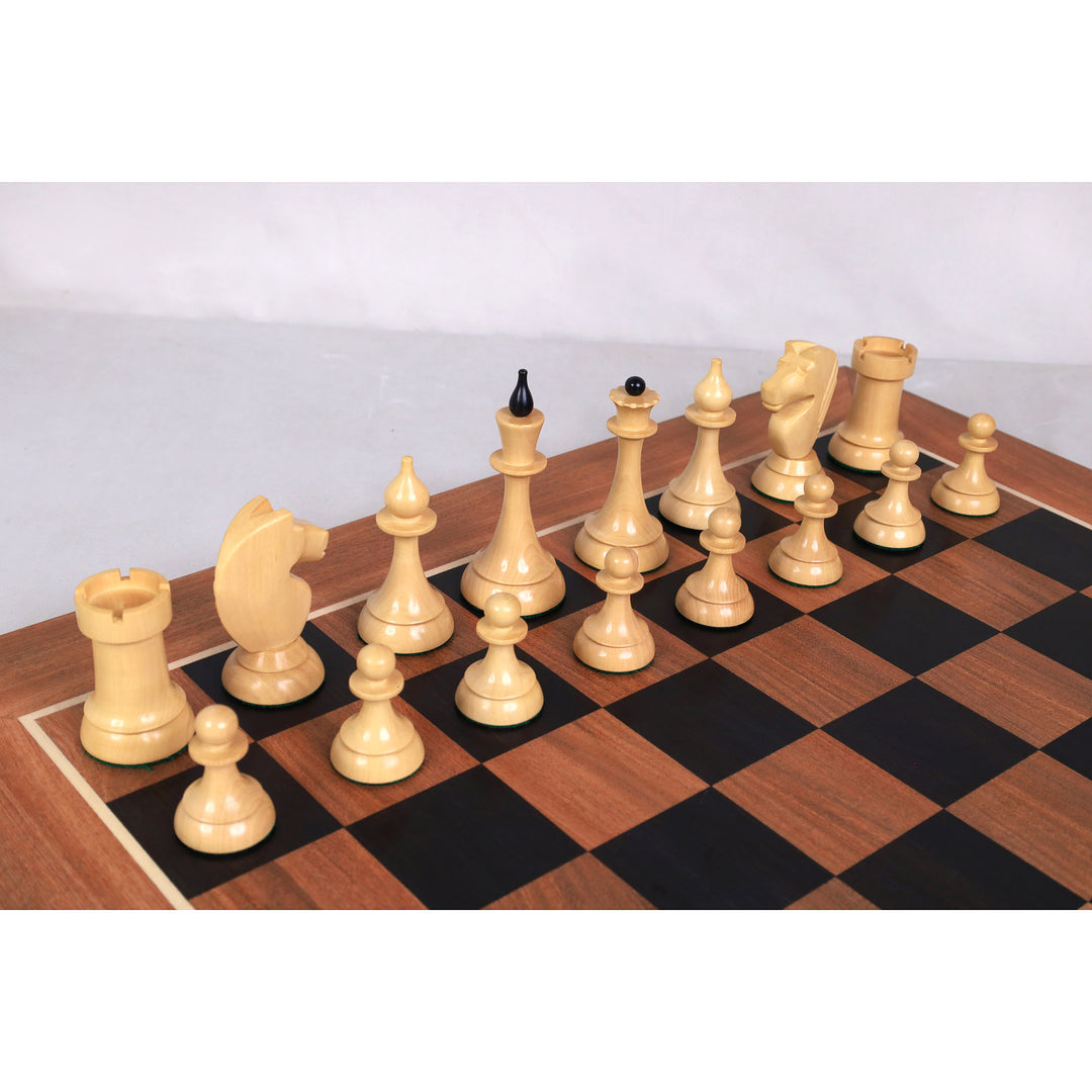 Combo of 1920's German Chess Set - Ebonised Boxwood Pieces, 22.5" Ebony & Acacia Board With Storage Box