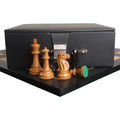 Luxury Lessing Staunton chess pieces set with storage box on wooden board.