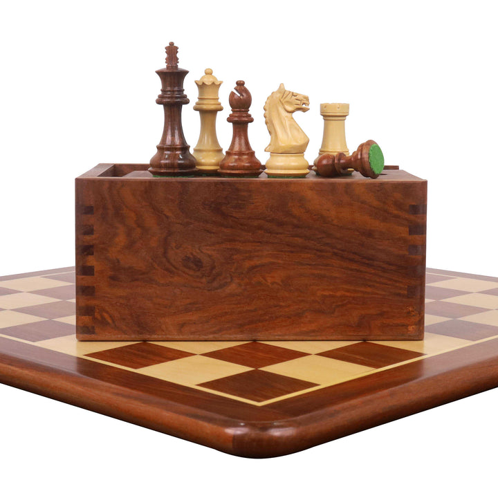 Combo of 3.5" Fierce Knight Staunton Chess Set - Pieces in Golden Rosewood with Chess Board & Storage Box
