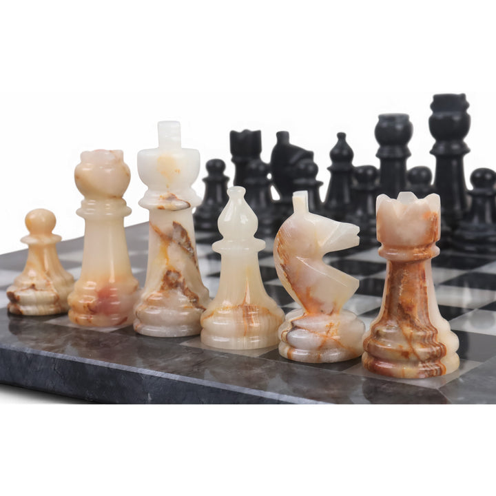 Slightly Imperfect Onyx Marble Chess Pieces & Board Combo Set - 12" - Black and White Stone