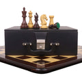 Craftsman series chess pieces arranged on top of the storage box which is placed on the chessboard.