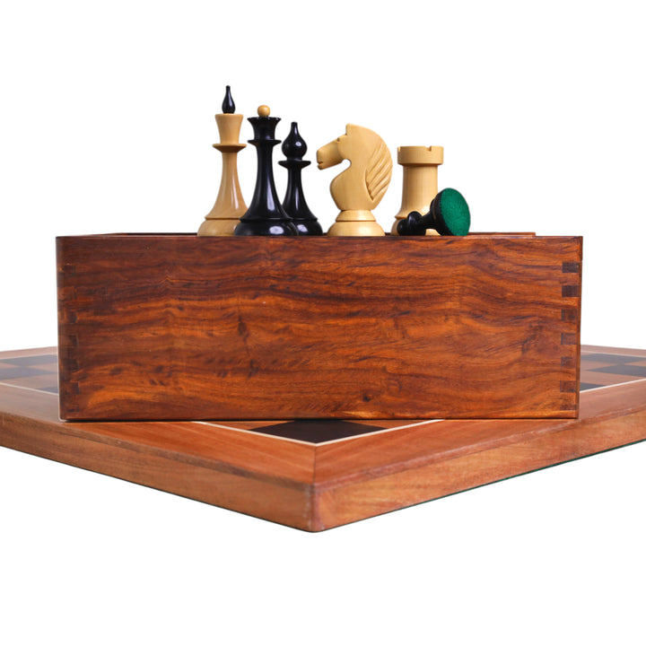 Combo of 1920's German Chess Set - Ebonised Boxwood Pieces, 22.5" Ebony & Acacia Board With Storage Box