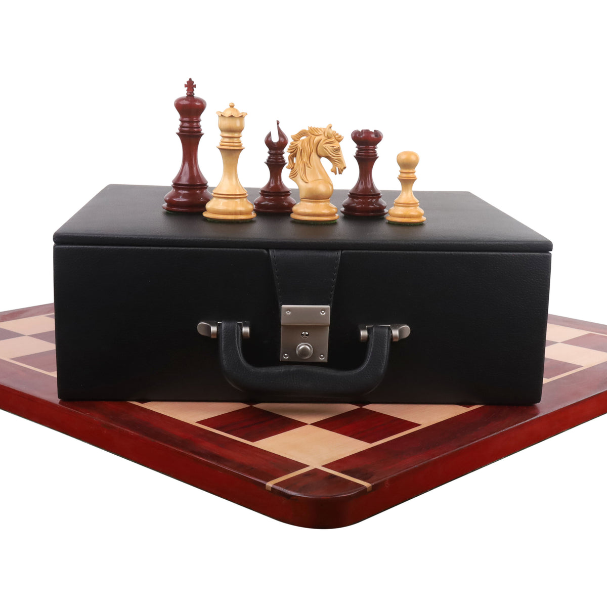 Goliath series chess set with storage box and pieces on a wooden board.