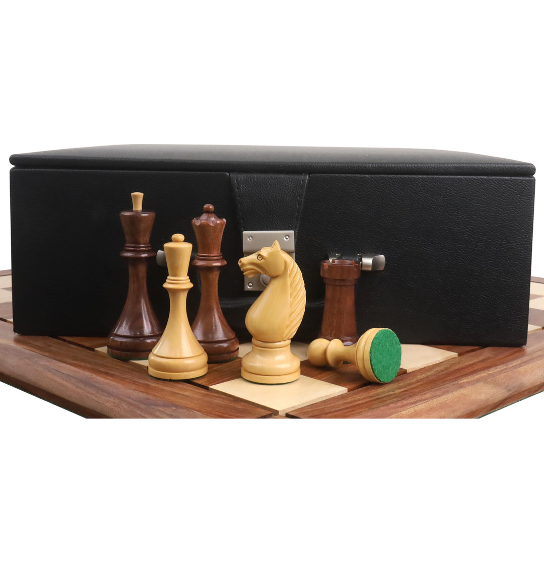 Combo del juego de ajedrez soviético Botvinnik Flohr-II de 1935 - Piezas en palisandro dorado con tablero y caja