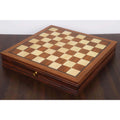Empty 20-inch luxury golden rosewood chess board with storage drawer.