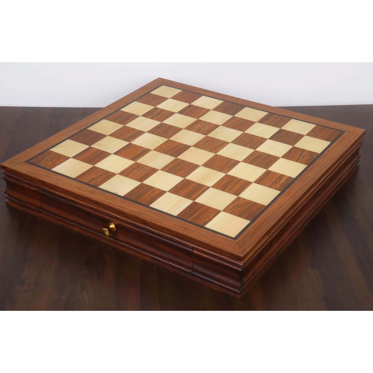 Empty 20-inch luxury golden rosewood chess board with storage drawer.