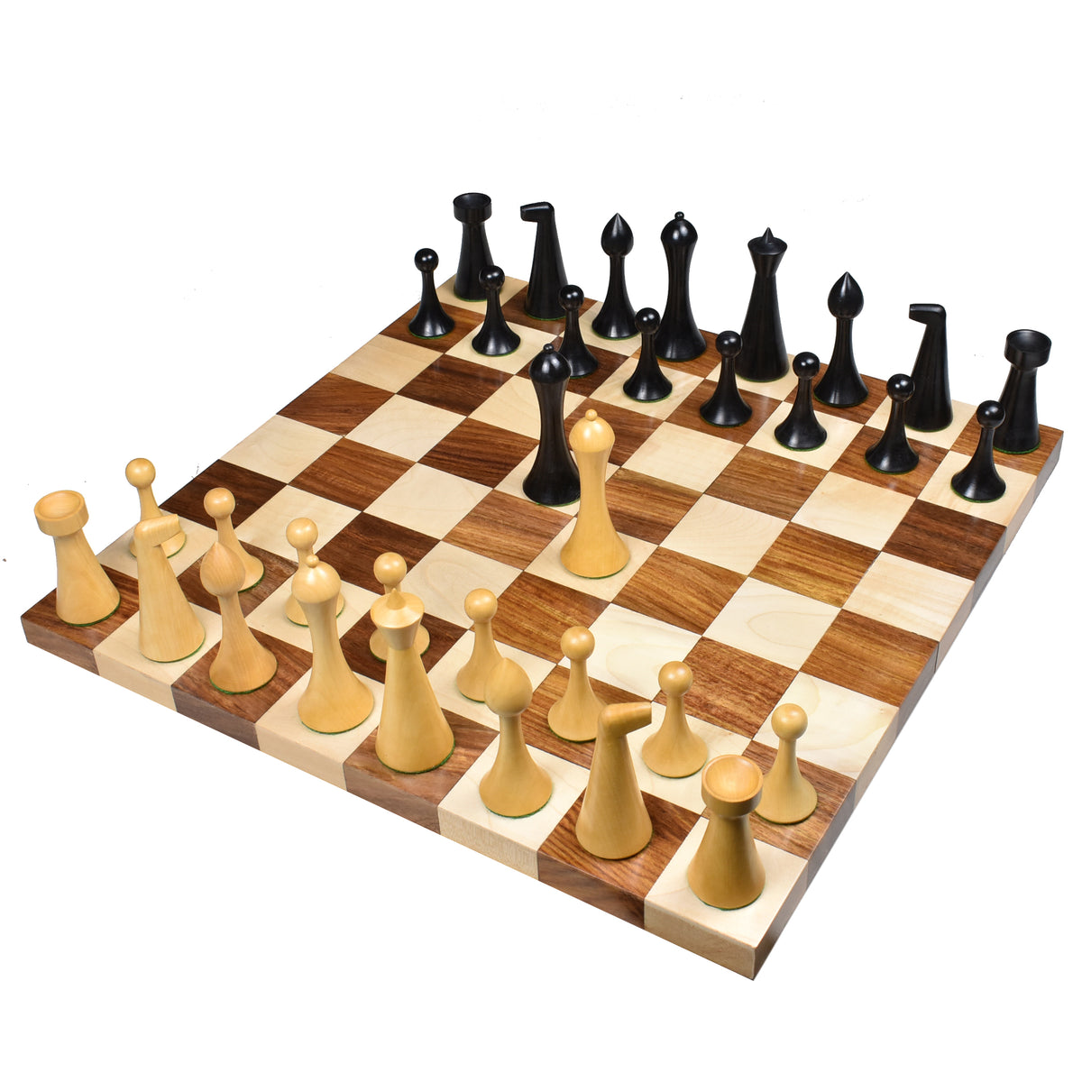 Complete Hermann Ohme ebonised boxwood chess set arranged on a premium golden rosewood board.