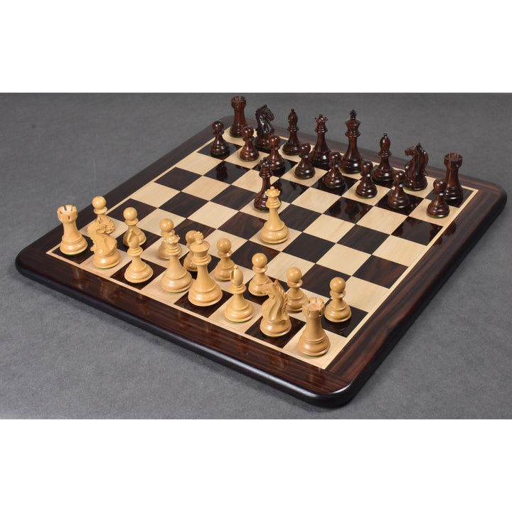 Complete 4 inch Fierce Knight weighted Staunton chess set displayed on a wooden board.