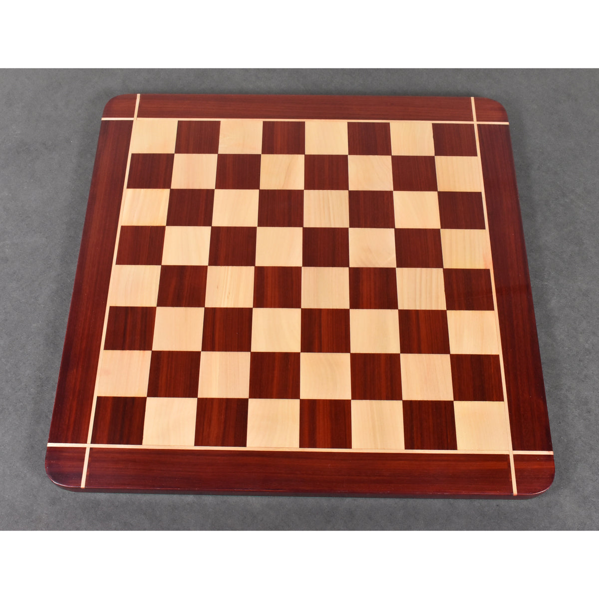 Glossy 23-inch signature wooden chessboard made from premium bud rosewood and light maple wood.