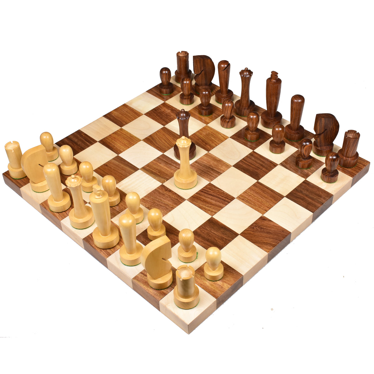 Overhead view of the minimalist Berliner combo chess set with pieces set up on a wooden chessboard.
