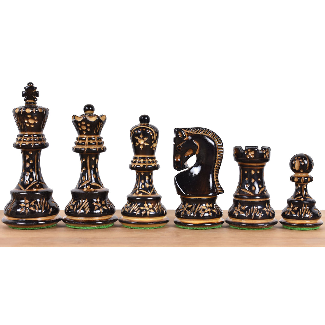 Slightly Imperfect 3.75" Artisan Carving Burnt Zagreb Chess Pieces with Storage Box - Warehouse Clearance - USA Shipping Only