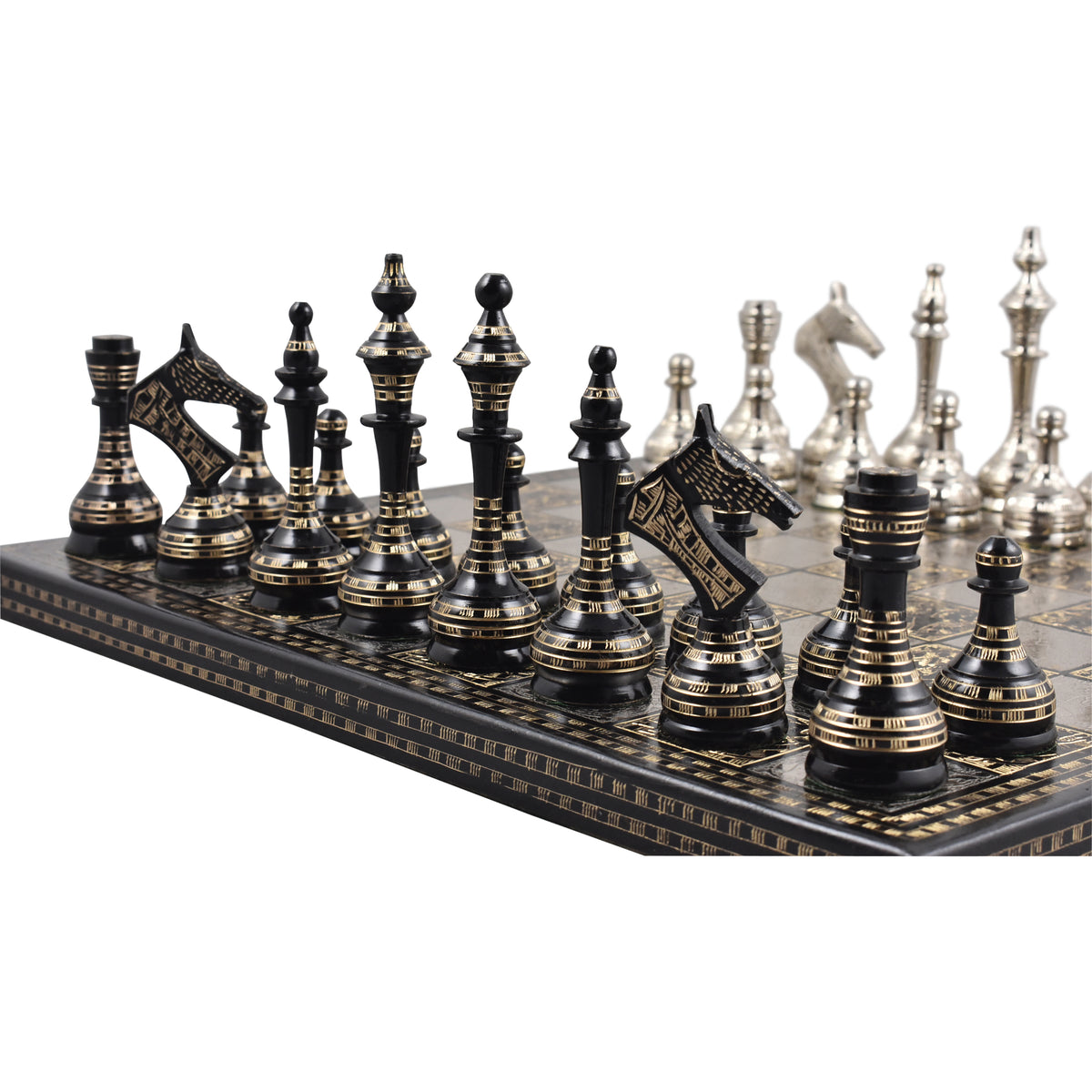 Angled lineup of black Soviet-inspired brass metal chess pieces.