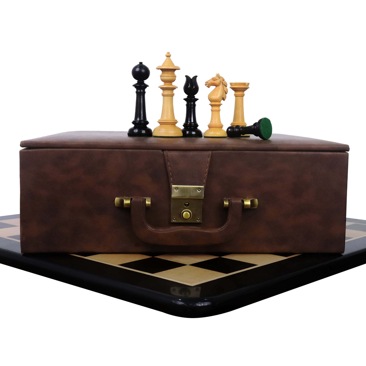 Edinburgh Northern Upright Pre-Staunton chess set combo with ebony wood pieces, board, and storage box.