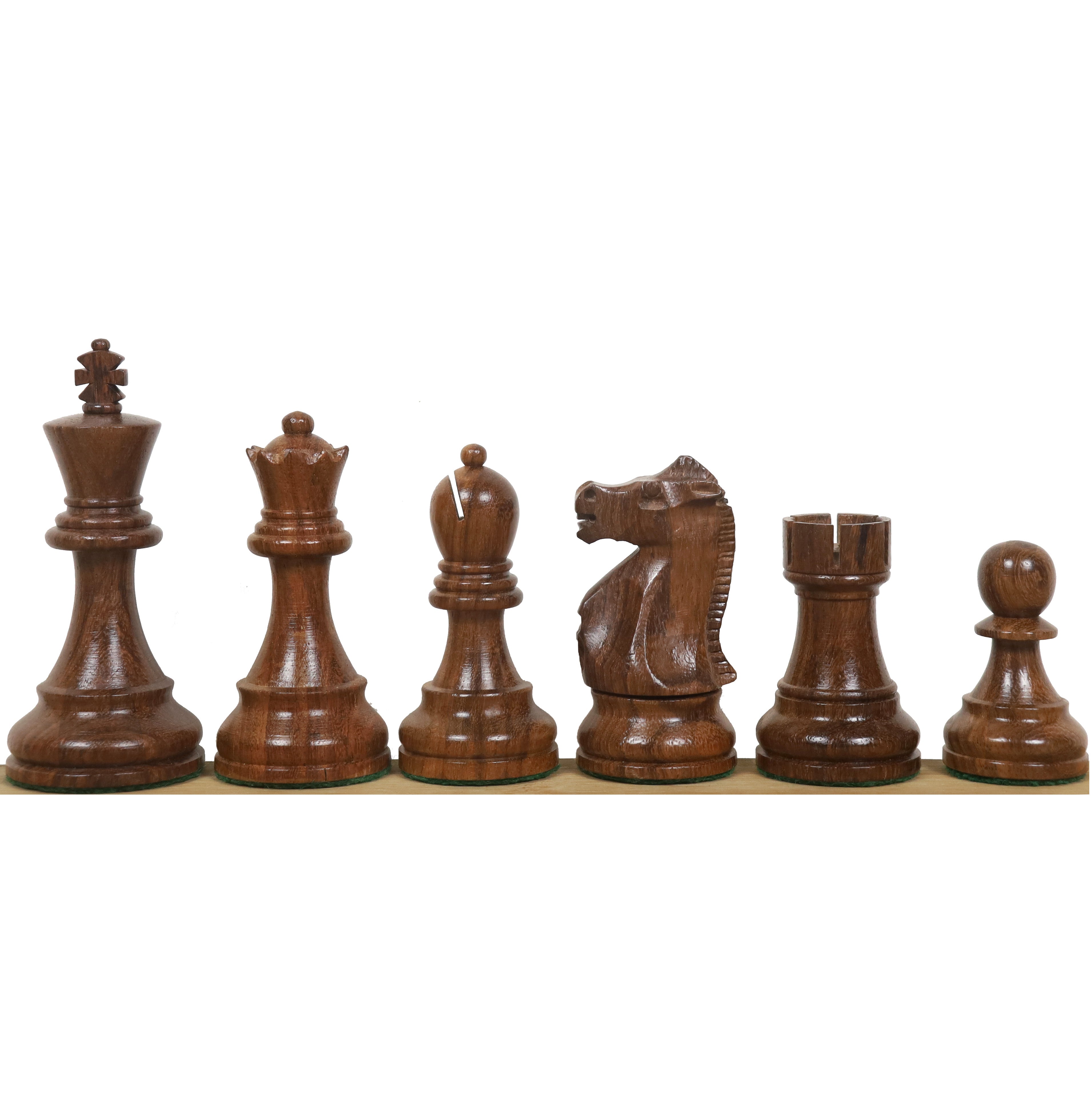 Lineup of dark chess pieces from the 1972 Championship set handcrafted in premium Golden Rosewood.