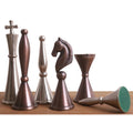 4.2-inch Tribal Series brass chess pieces in metallic silver and antiqued copper.