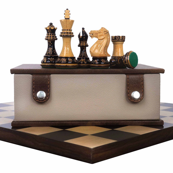 Combo of 4" Professional Staunton Chess Set - Pieces in Lacquered Burnt Boxwood with Board and Box