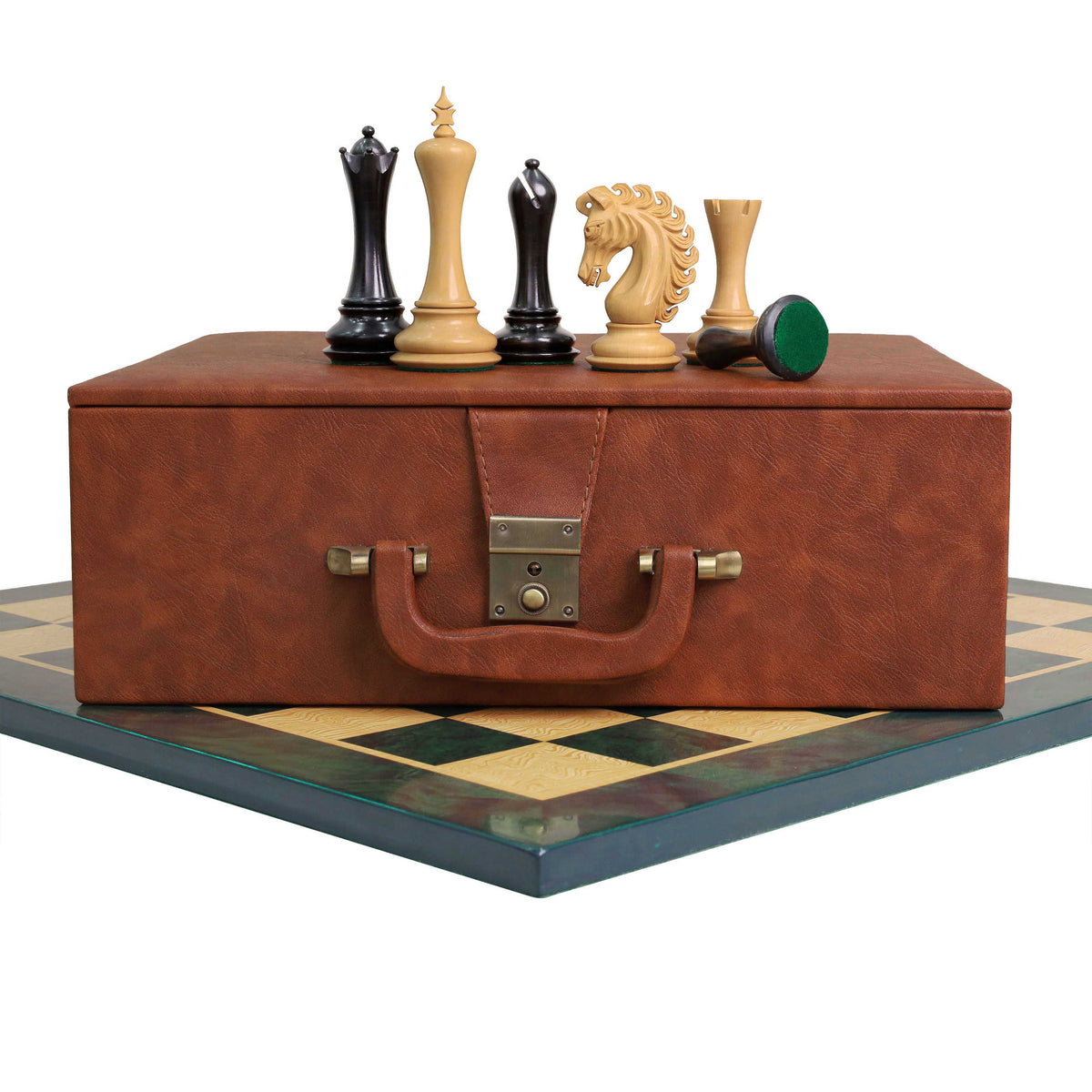 Luxury Avant Garde ebony chess pieces with storage box on a printed board.